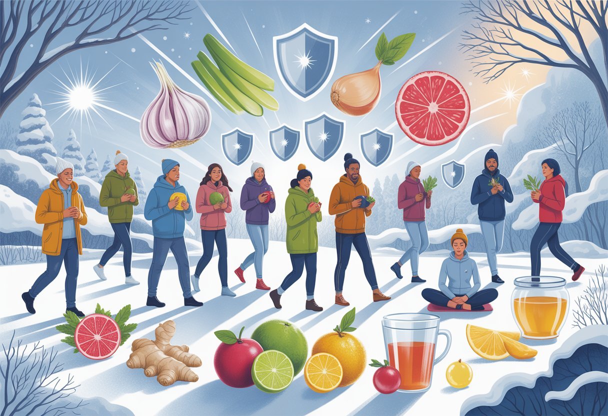 Booster son immunité hivernale naturellement 2 Personnes en hiver pratiquant des activités saines en plein air avec des éléments naturels symbolisant le renforcement de l’immunité.