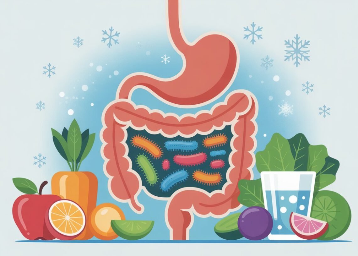 Illustration d'un système digestif avec des bactéries colorées représentant un microbiote intestinal sain entouré d'aliments naturels et d'éléments hivernaux.