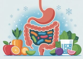 Illustration d'un système digestif avec des bactéries colorées représentant un microbiote intestinal sain entouré d'aliments naturels et d'éléments hivernaux.