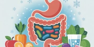 Illustration d'un système digestif avec des bactéries colorées représentant un microbiote intestinal sain entouré d'aliments naturels et d'éléments hivernaux.