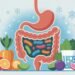 Illustration d'un système digestif avec des bactéries colorées représentant un microbiote intestinal sain entouré d'aliments naturels et d'éléments hivernaux.