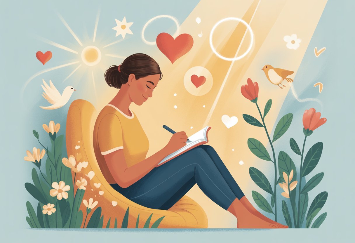 Journal de gratitude : Transformer sa vision du quotidien 2 Une personne assise dans une pièce lumineuse, écrivant dans un journal avec une expression paisible, entourée de symboles de bien-être et de nature.