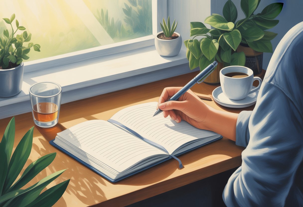 Journal de gratitude : Transformer sa vision du quotidien 3 Une personne assise à un bureau près d'une fenêtre, écrivant dans un journal ouvert avec un stylo, entourée de plantes et d'une tasse, dans une ambiance calme et lumineuse.