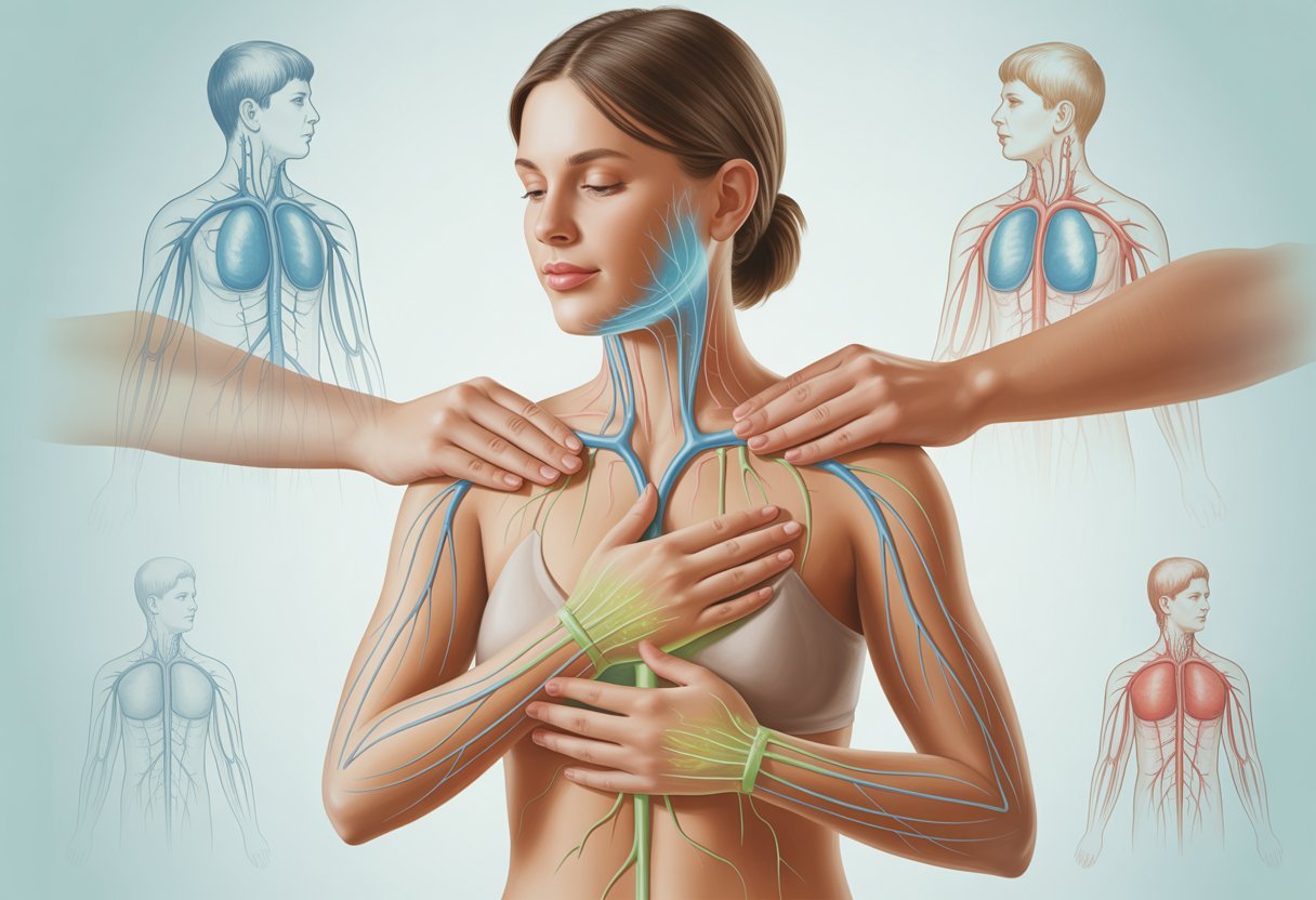 Drainage lymphatique naturel : Techniques et bienfaits pour la santé 2 Une illustration montrant une personne recevant un massage des points clés du drainage lymphatique naturel, avec les voies lymphatiques mises en évidence.