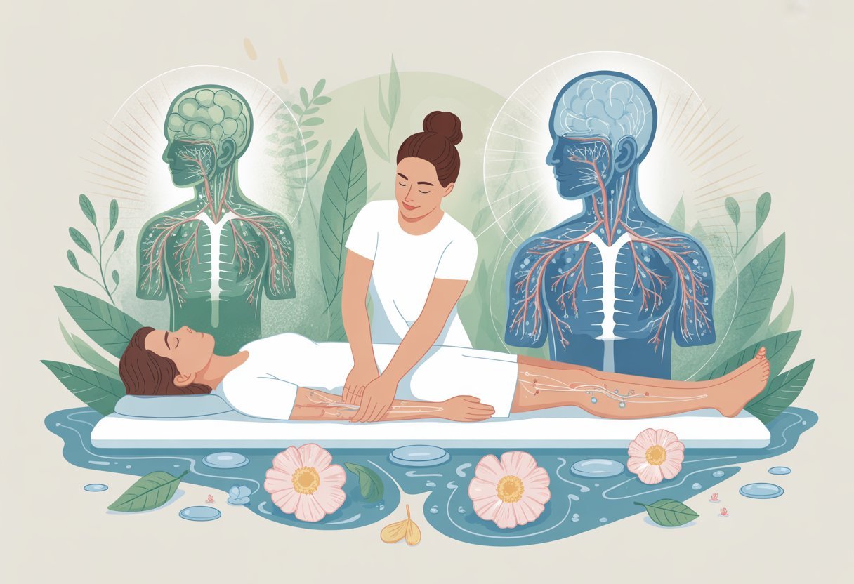 Drainage lymphatique naturel : Techniques et bienfaits pour la santé 3 Une personne allongée recevant un drainage lymphatique naturel par un praticien, avec des illustrations translucides du système lymphatique en arrière-plan.