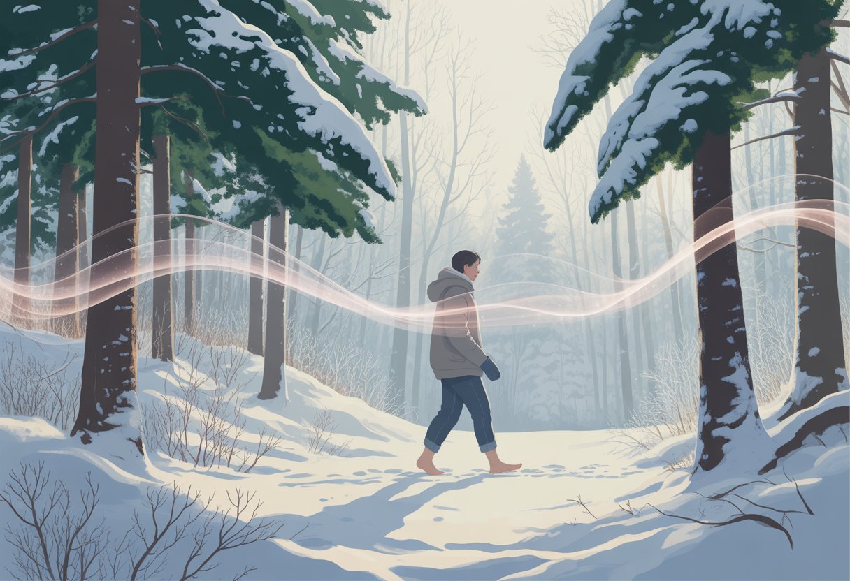 Bain de forêt en hiver : Shinrin-yoku par temps froid 3 Une personne marche pieds nus dans une forêt enneigée entourée de grands sapins couverts de neige par une journée d'hiver calme.
