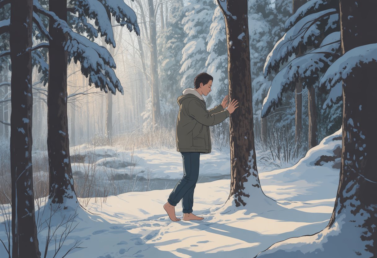 Bain de forêt en hiver : Shinrin-yoku par temps froid 4 Une personne en vêtements d'hiver debout pieds nus dans une forêt enneigée, touchant un arbre et les yeux fermés, entourée d'arbres couverts de neige par une journée d'hiver calme.