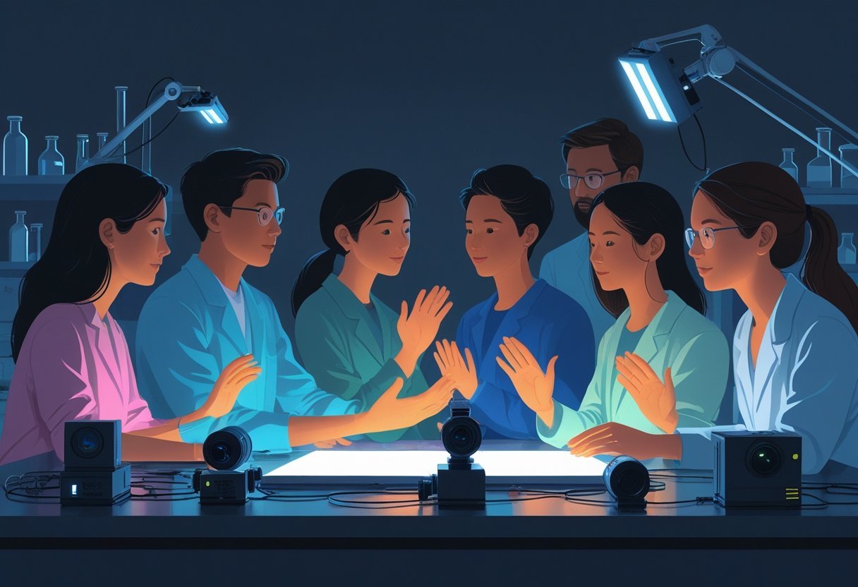 Comment capturer la bioluminescence humaine 2 Des personnes dans un laboratoire sombre avec une lumière douce émise par leur peau, entourées d'équipements scientifiques capturant cette lumière.