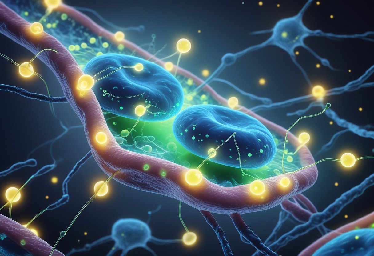Comment capturer la bioluminescence humaine 3 Vue rapprochée de cellules humaines émettant une lumière bioluminescente bleue-verte avec des structures cellulaires et des voies moléculaires lumineuses autour.