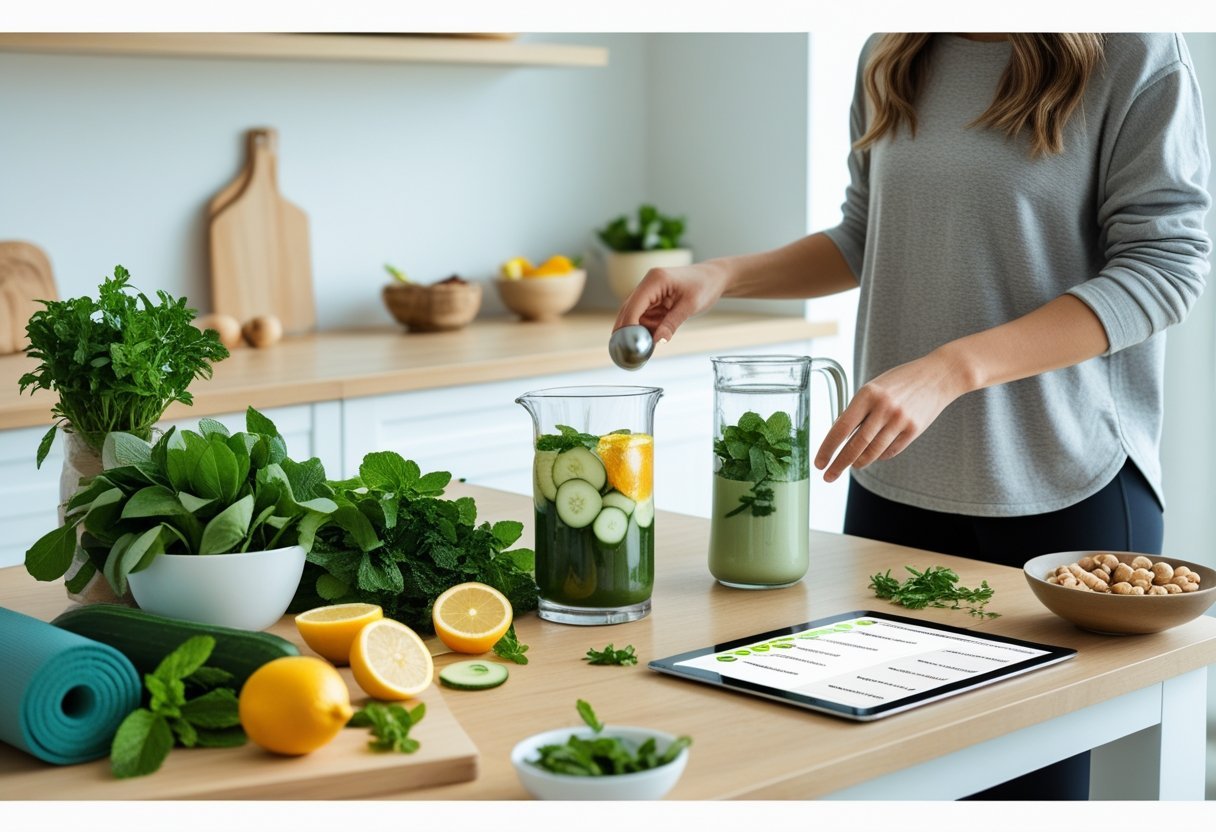 Détox de janvier 2026 : les 7 étapes clés pour purifier son corps 2 Une cuisine lumineuse avec des ingrédients frais sur un plan de travail et une personne préparant un smoothie sain.