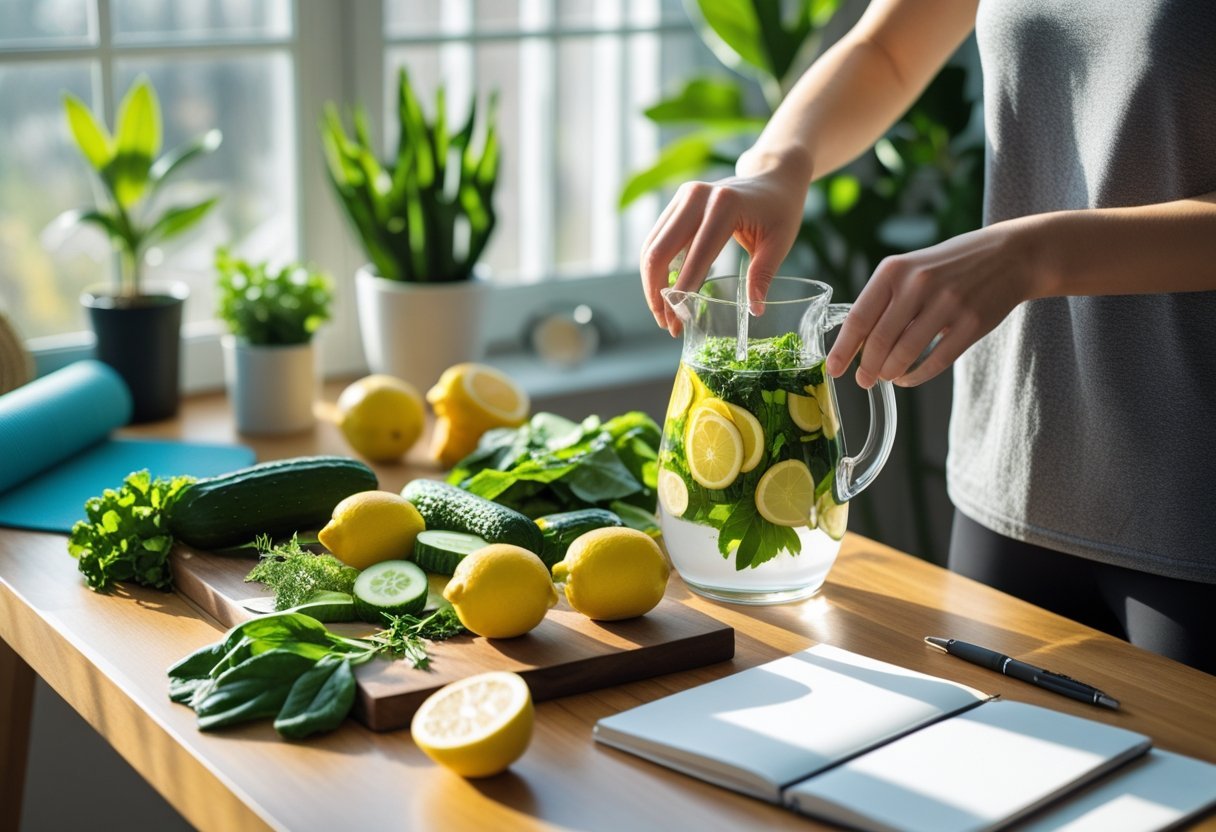 Détox de janvier 2026 : les 7 étapes clés pour purifier son corps 3 Une table en bois avec des fruits frais, un pichet d'eau infusée, et des mains préparant une boisson détox dans une cuisine lumineuse.