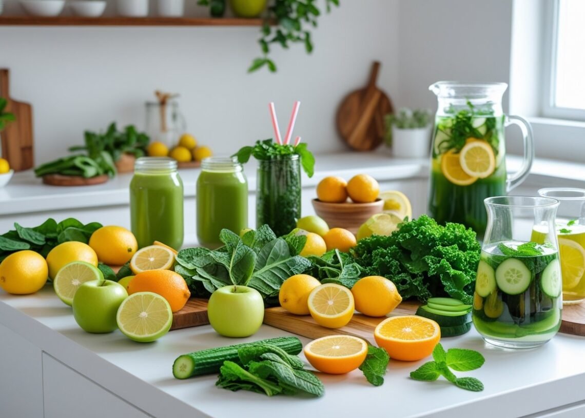 Un assortiment coloré de fruits, légumes et boissons détox sur un plan de travail de cuisine lumineux.