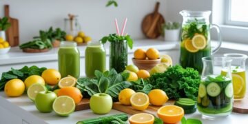 Un assortiment coloré de fruits, légumes et boissons détox sur un plan de travail de cuisine lumineux.