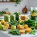 Aliments fonctionnels et gestion des inflammations 10 Un assortiment coloré de fruits, légumes et boissons détox sur un plan de travail de cuisine lumineux.