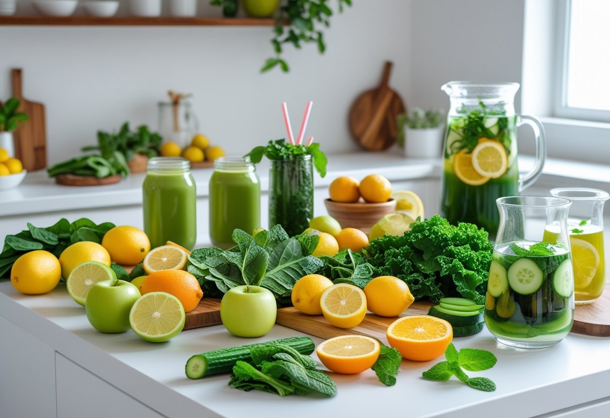 Détox de janvier 2026 : les 7 étapes clés pour purifier son corps 4 Un assortiment coloré de fruits, légumes et boissons détox sur un plan de travail de cuisine lumineux.