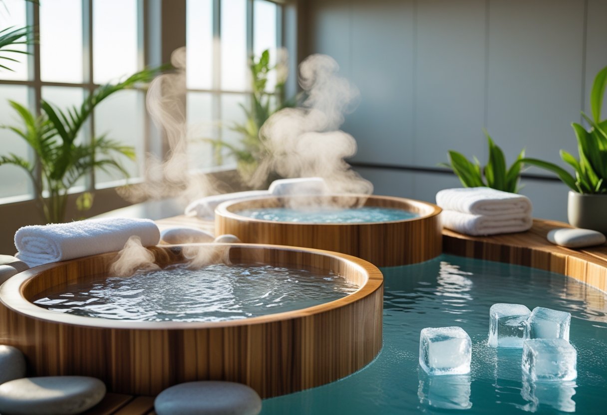 Thérapie par contraste : pourquoi les bains chauds et froids dominent les spas en 2026 2 Deux bains en bois côte à côte, l'un avec de l'eau chaude fumante, l'autre avec de l'eau froide et des glaçons, dans un spa calme et lumineux.
