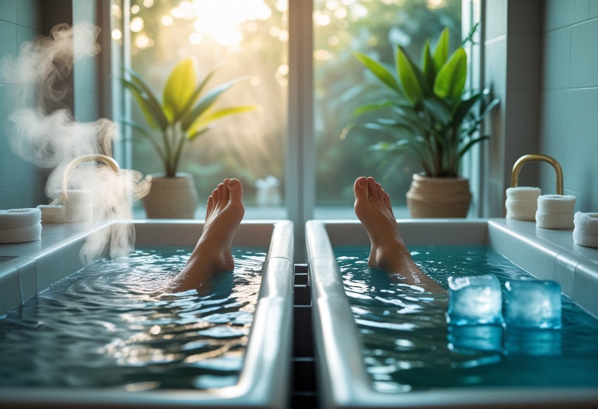 Thérapie par contraste : pourquoi les bains chauds et froids dominent les spas en 2026 3 Personne se relaxant dans un spa, alternant entre un bain chaud fumant et un bain froid avec des glaçons, entourée de plantes et d'une ambiance apaisante.