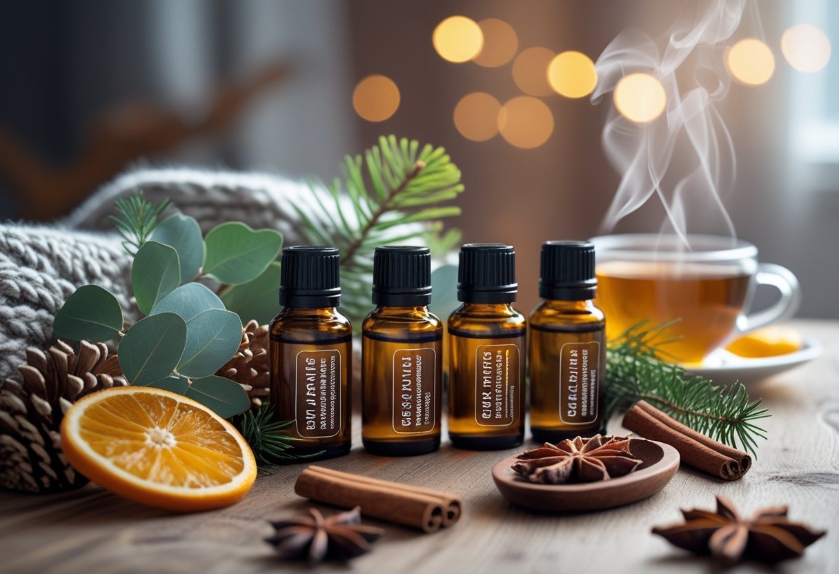 Les huiles essentielles indispensables pour passer l'hiver 2026 en pleine forme 2 Bouteilles d'huiles essentielles entourées de feuilles d'eucalyptus, d'épices et de tranches d'orange sur une table en bois, avec une tasse de thé chaud et une couverture en arrière-plan.