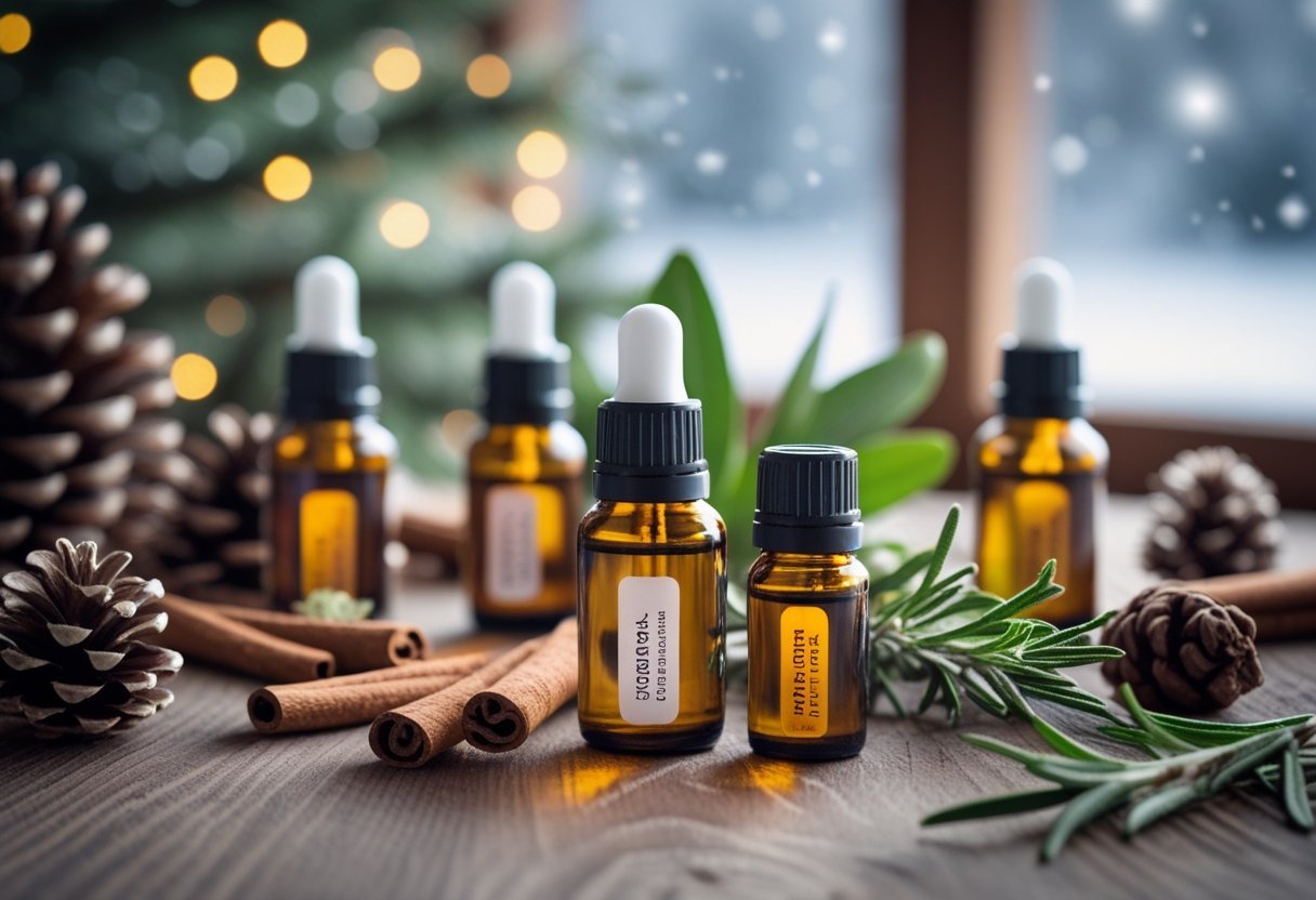 Les huiles essentielles indispensables pour passer l'hiver 2026 en pleine forme 4 Bouteilles d'huiles essentielles entourées de plantes et d'épices sur une table en bois avec un paysage hivernal enneigé en arrière-plan.