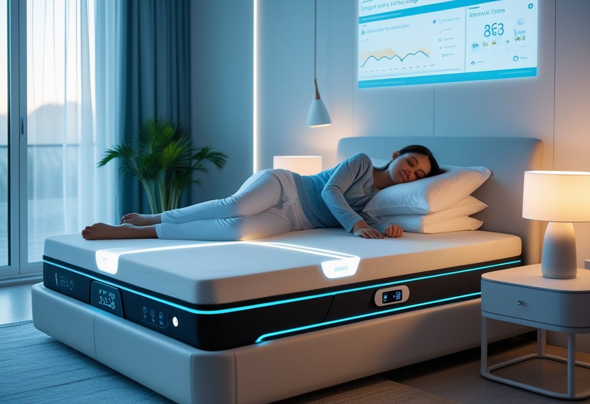 Crise du sommeil en France : les nouvelles solutions pour 2026 2 Une chambre moderne avec une personne dormant paisiblement sur un lit intelligent équipé de technologies de sommeil avancées, entourée d'appareils apaisants et d'un affichage numérique discret montrant des données de sommeil.