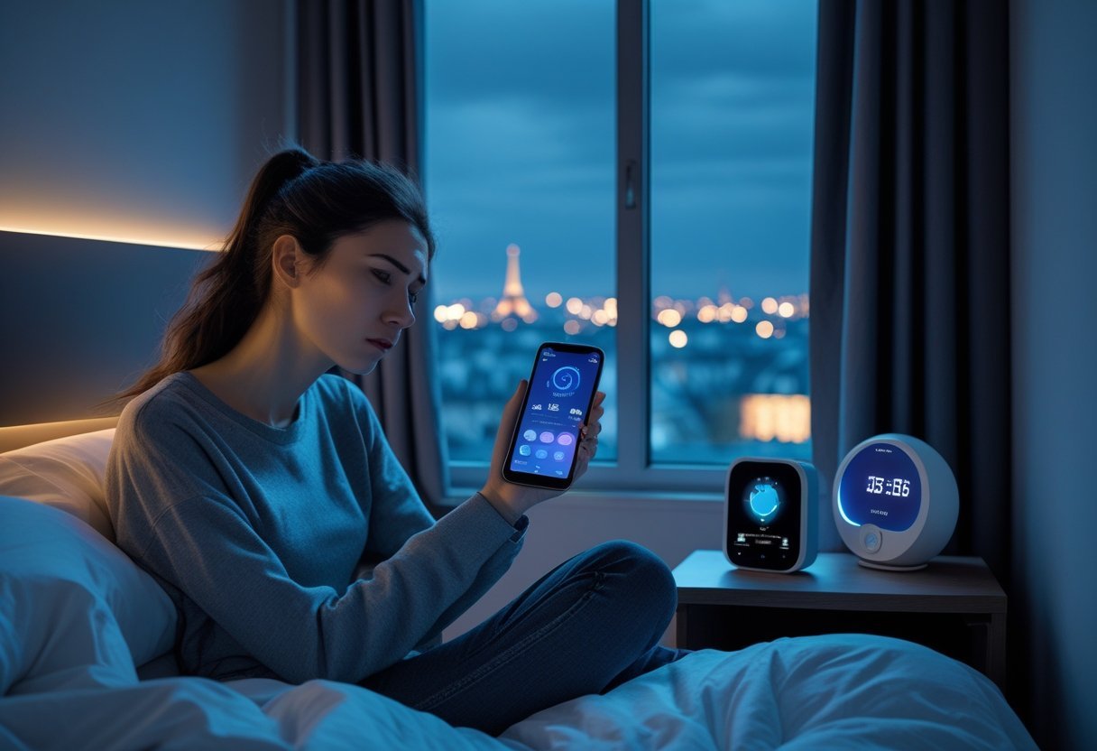 Crise du sommeil en France : les nouvelles solutions pour 2026 3 Une femme assise sur le bord d'un lit dans une chambre moderne la nuit, semblant fatiguée, avec des appareils innovants pour améliorer le sommeil sur la table de chevet.