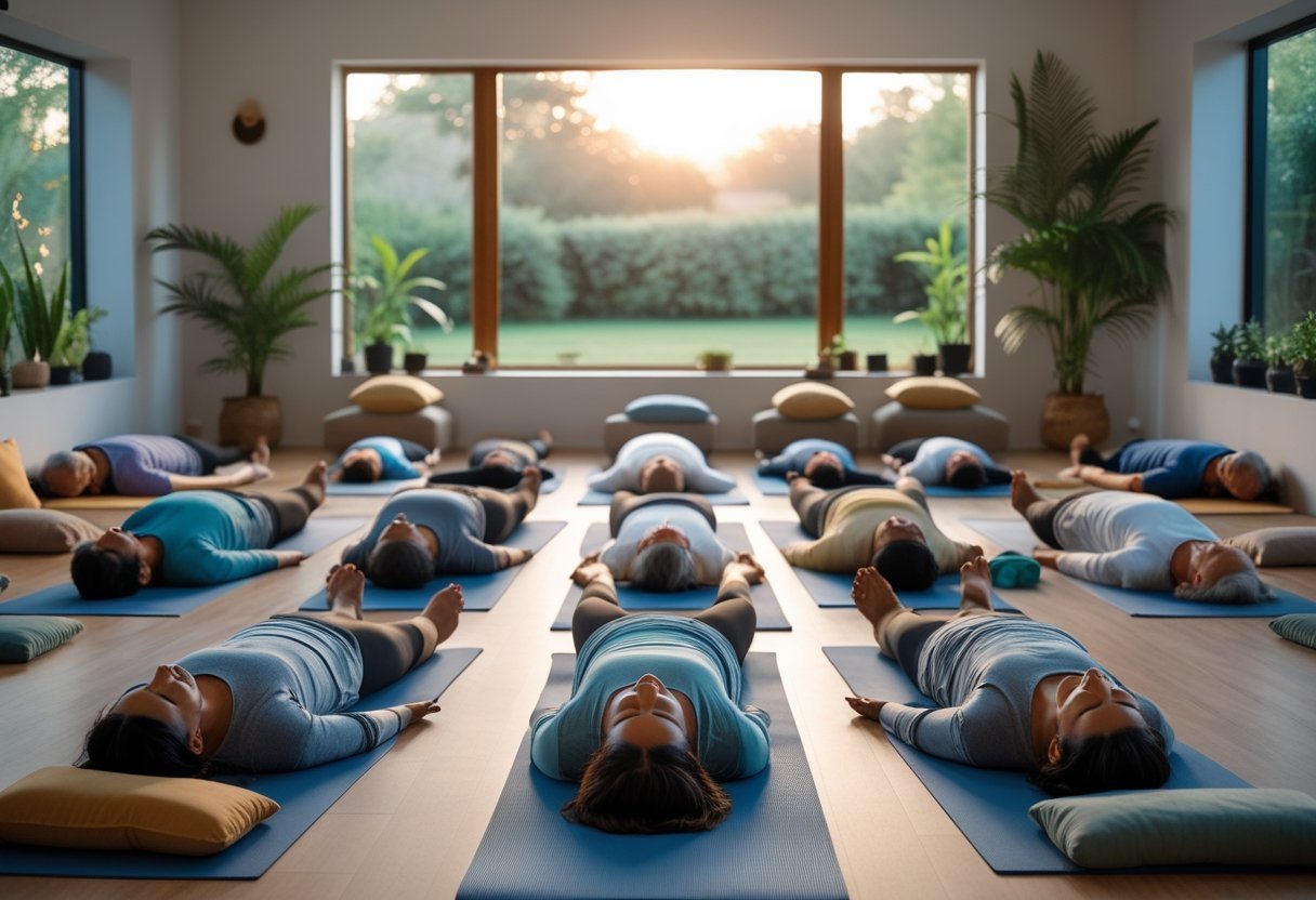 Yoga Nidra : la pratique anti-stress qui explose en ce début 2026 4 Un groupe de personnes allongées les yeux fermés dans un studio de yoga lumineux, pratiquant le Yoga Nidra dans une ambiance calme et apaisante.