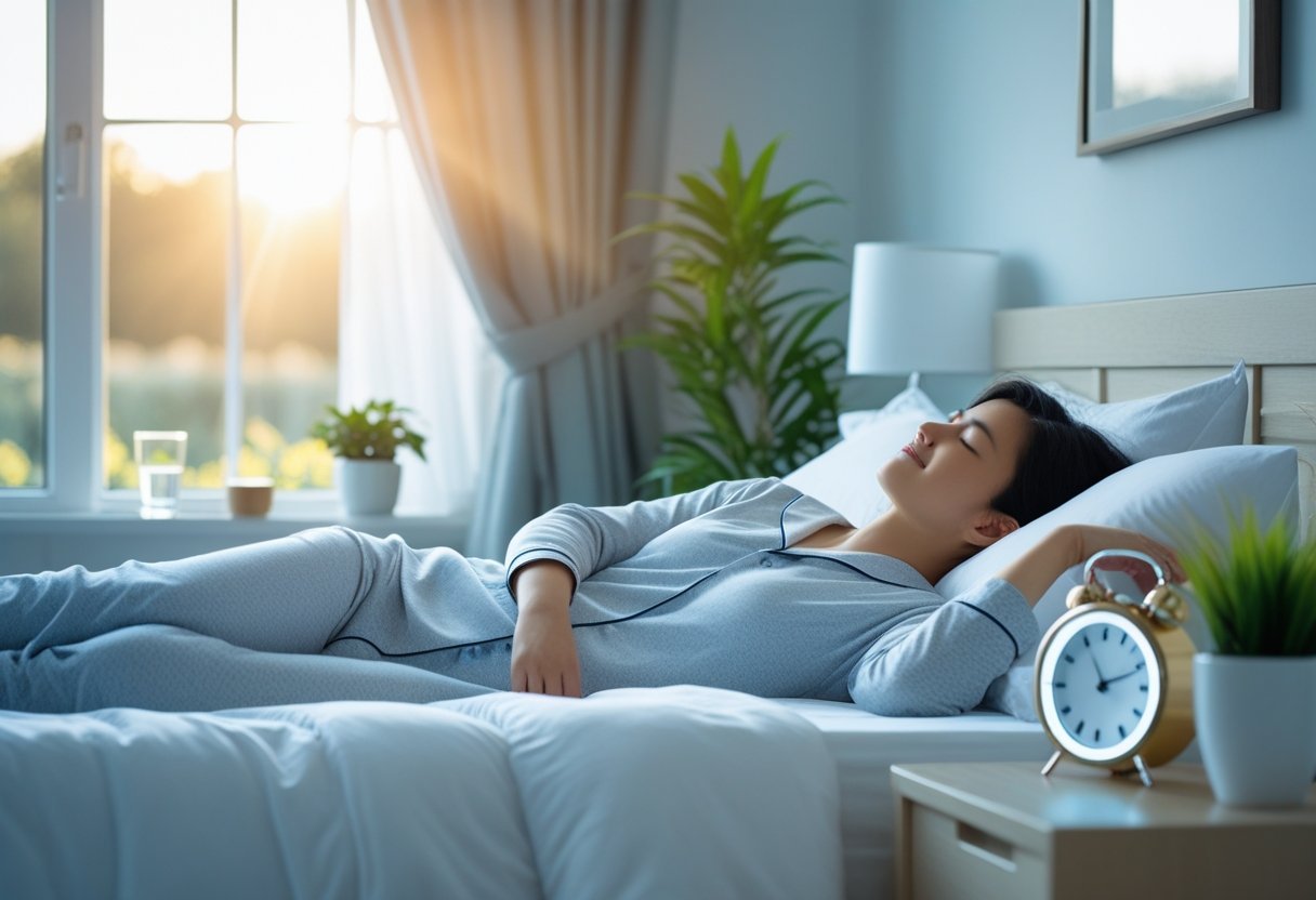 Chronothérapie : comment optimiser votre horloge biologique pour un sommeil réparateur 2 Une personne se réveille paisiblement dans une chambre lumineuse avec une horloge sur la table de chevet.