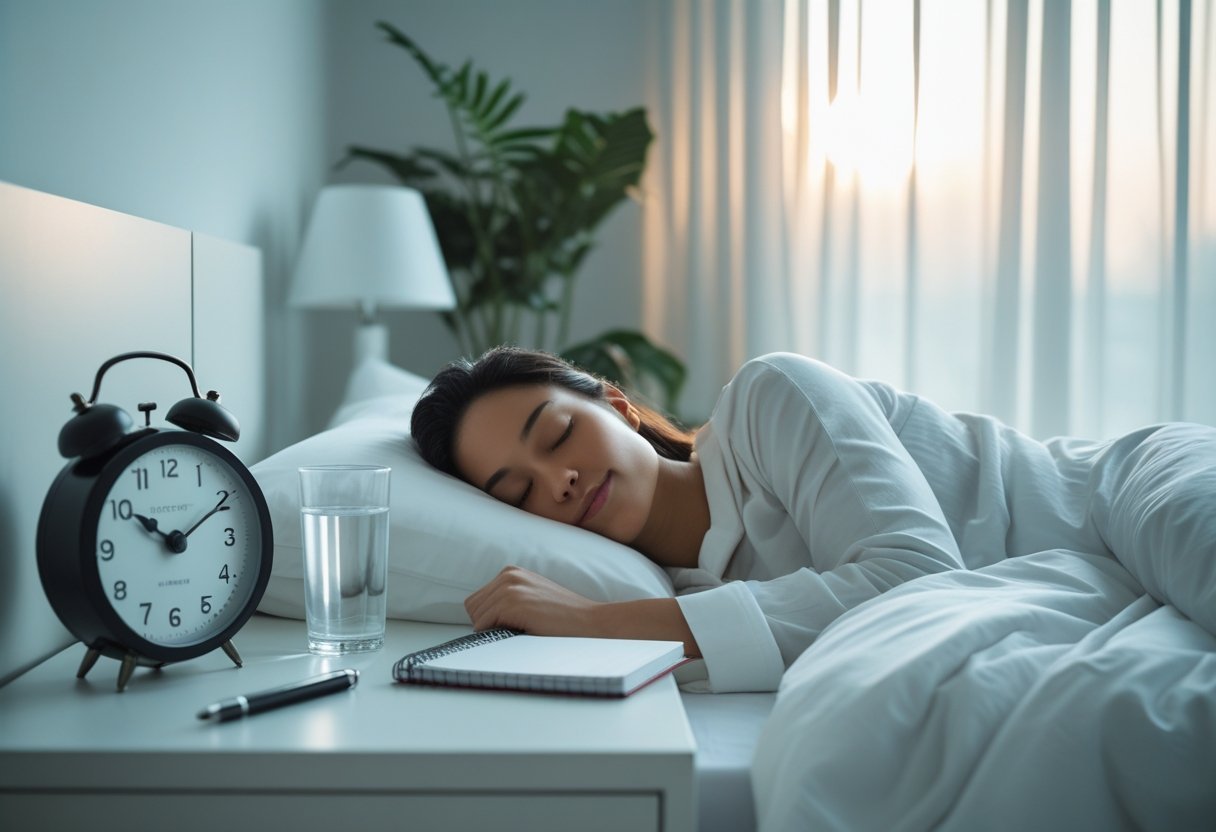 Chronothérapie : comment optimiser votre horloge biologique pour un sommeil réparateur 4 Une personne dormant paisiblement dans une chambre lumineuse avec une horloge sur la table de chevet et une ambiance calme.