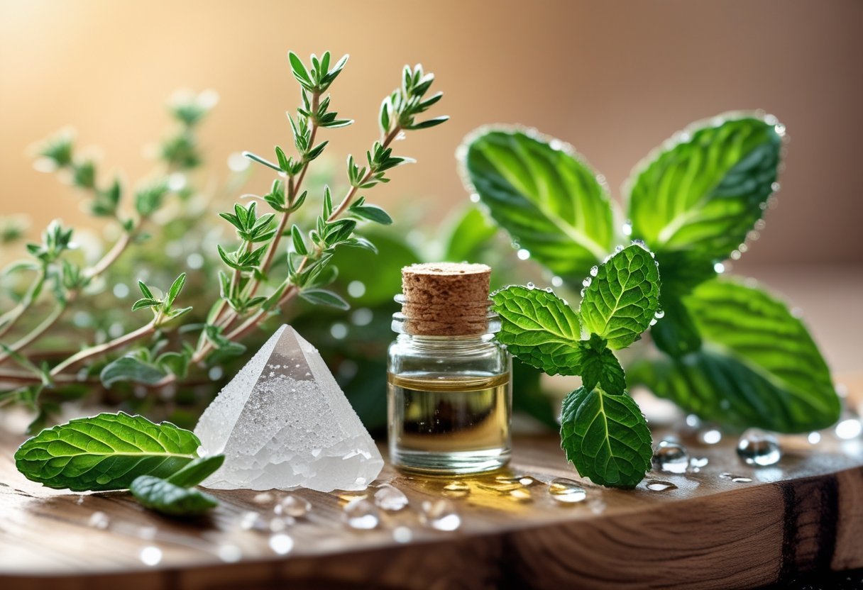 Thym à thymol et menthol : booster son système immunitaire cet hiver 2 Brins de thym frais et feuilles de menthe avec des cristaux clairs sur une surface en bois, évoquant un renforcement naturel du système immunitaire en hiver.