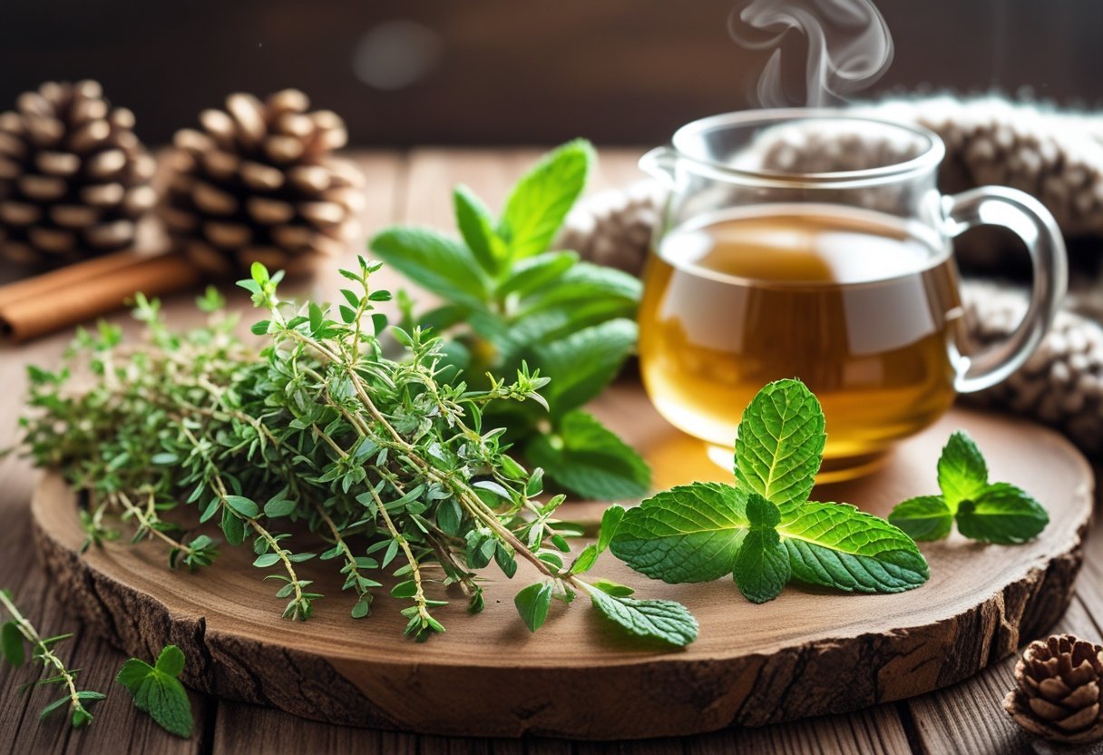 Thym à thymol et menthol : booster son système immunitaire cet hiver 4 Brins de thym et feuilles de menthe fraîche posés sur une table en bois avec une théière et une tasse de tisane fumante, entourés d'éléments évoquant l'hiver.