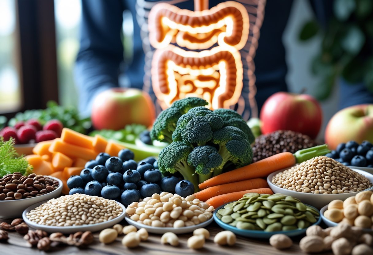 Santé intestinale : des fibres pour votre microbiome 2 Une table en bois avec un assortiment de fruits, légumes, céréales complètes et noix, avec une illustration translucide du système digestif humain en arrière-plan.