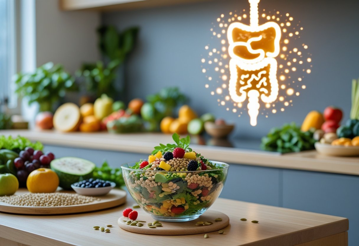 Santé intestinale : des fibres pour votre microbiome 3 Une cuisine moderne avec des fruits, légumes et céréales riches en fibres sur un plan de travail, avec une représentation stylisée du microbiome intestinal en arrière-plan.