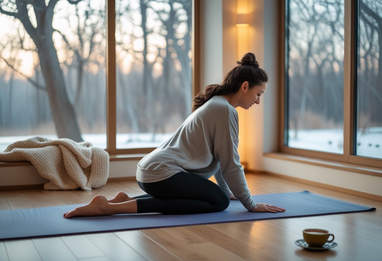 Yin Yoga : la pratique douce idéale 2 Une femme pratique le Yin Yoga dans une pièce chaleureuse avec une fenêtre montrant un paysage hivernal.