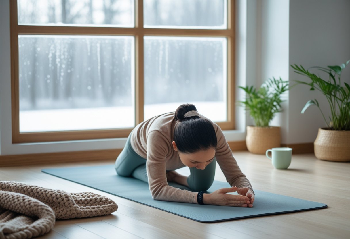 Yin Yoga : la pratique douce idéale 3 Personne pratiquant le Yin Yoga dans une pièce lumineuse près d'une fenêtre avec vue sur un paysage hivernal, entourée d'objets évoquant la chaleur et la détente.