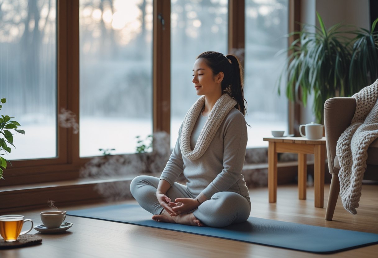 Yin Yoga : la pratique douce idéale 4 Une femme pratique une posture de Yin Yoga dans une pièce lumineuse avec une fenêtre givrée, entourée d'éléments hivernaux comme une tasse de thé et une couverture.