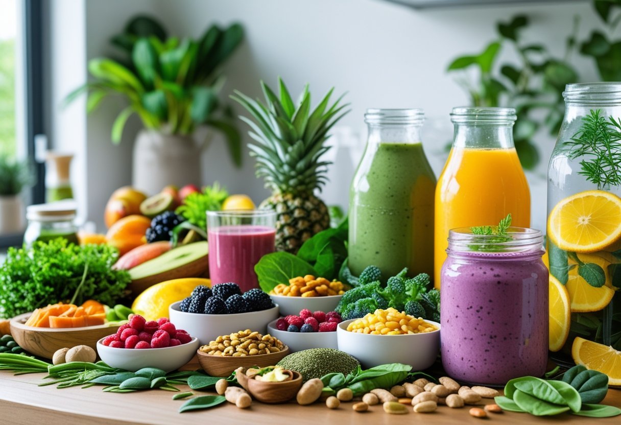 Aliments fonctionnels et gestion des inflammations 3 Une table en bois avec un assortiment coloré de super-aliments frais et des boissons santé dans une cuisine moderne.