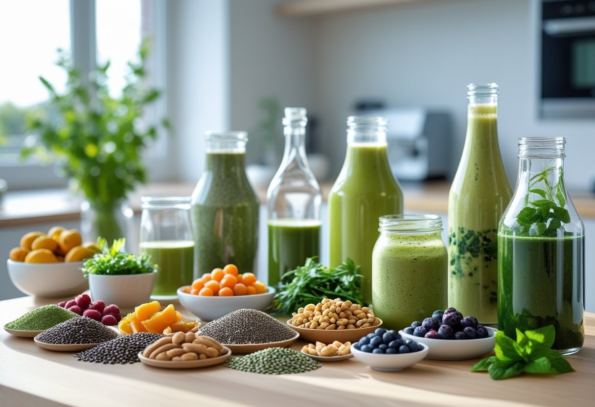 Aliments fonctionnels et gestion des inflammations 4 Une table avec des super-aliments colorés et des boissons fonctionnelles fraîches dans une cuisine lumineuse et moderne.