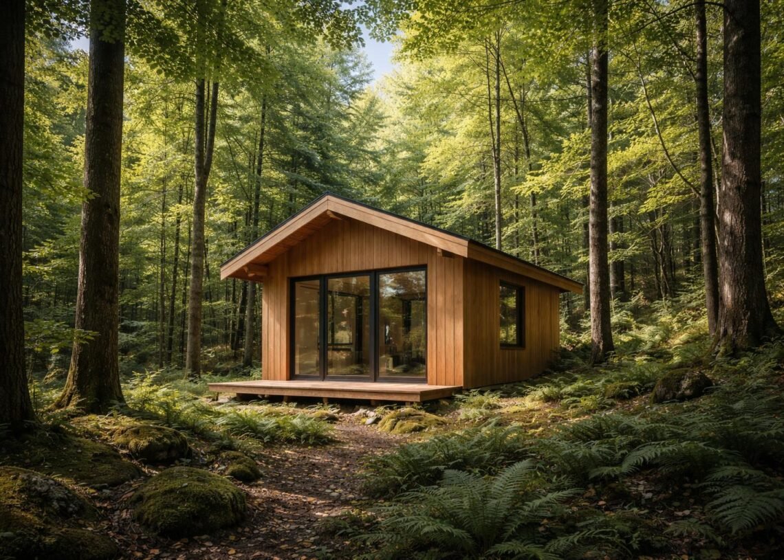 Une petite cabane en bois simple entourée d'arbres verts dans une forêt paisible.