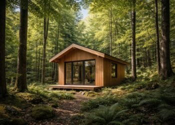 Une petite cabane en bois simple entourée d'arbres verts dans une forêt paisible.