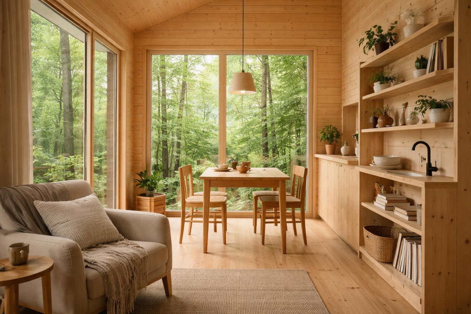 Vivre Dans la Forêt, Cabane en Bois, Minimalisme 3 Intérieur d'une cabane en bois avec meubles simples, lumière naturelle et vue sur une forêt verdoyante à travers les fenêtres.
