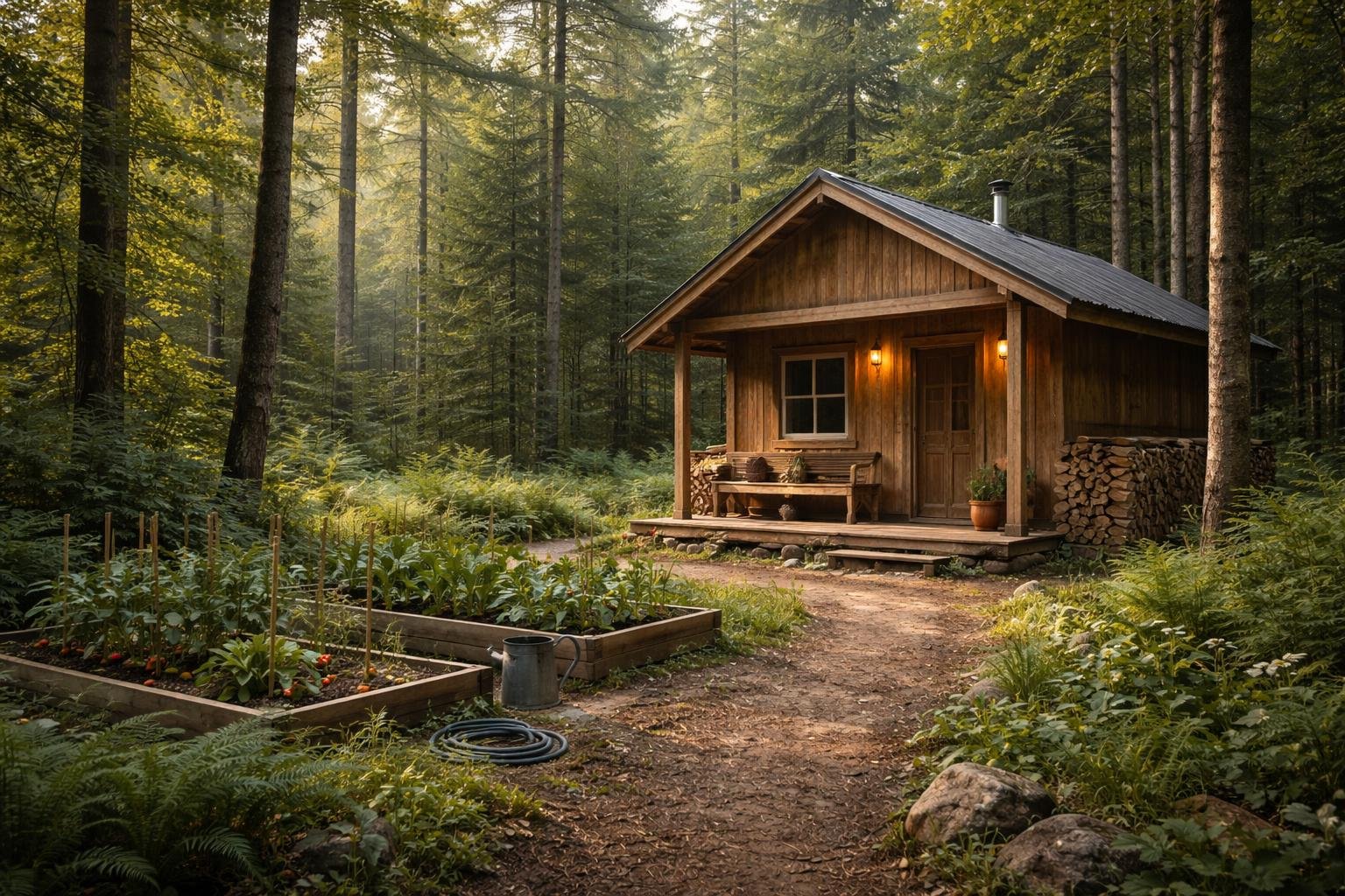 Vivre Dans la Forêt, Cabane en Bois, Minimalisme 4 Une petite cabane en bois simple dans une forêt dense avec un jardin potager et un chemin de terre entouré de fleurs sauvages.