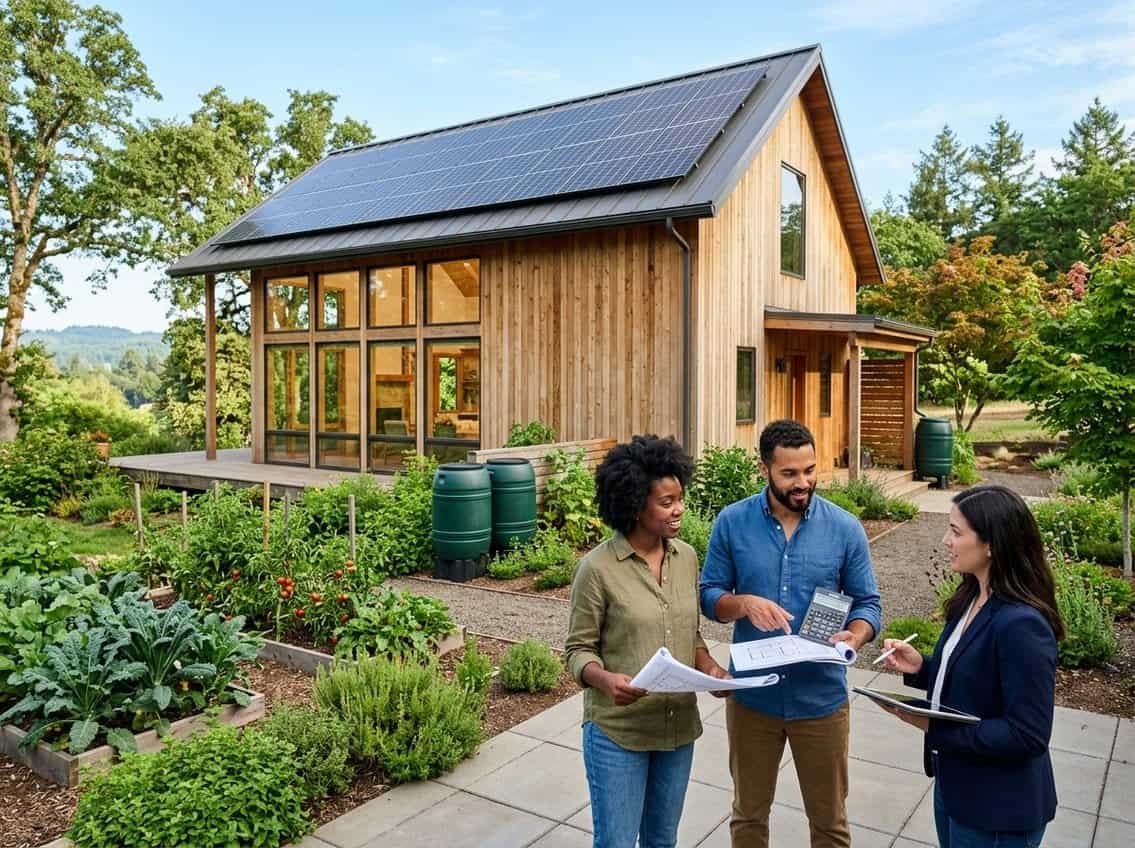 Budget : Combien Coûte Vraiment une Maison Bio et Sobre ? 2 Un couple discute avec un agent immobilier devant une maison écologique moderne entourée de verdure et de panneaux solaires.