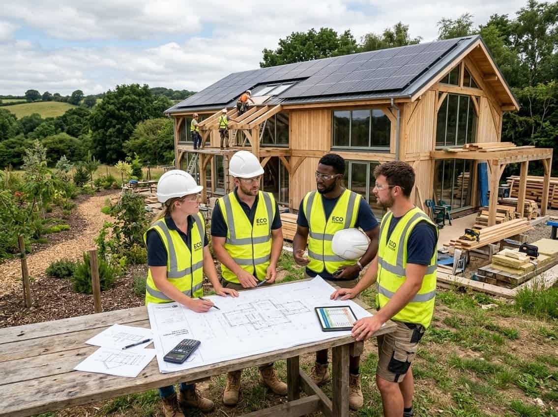 Budget : Combien Coûte Vraiment une Maison Bio et Sobre ? 3 Chantier de construction d'une maison écologique avec des ouvriers examinant des plans et des panneaux solaires sur le toit.