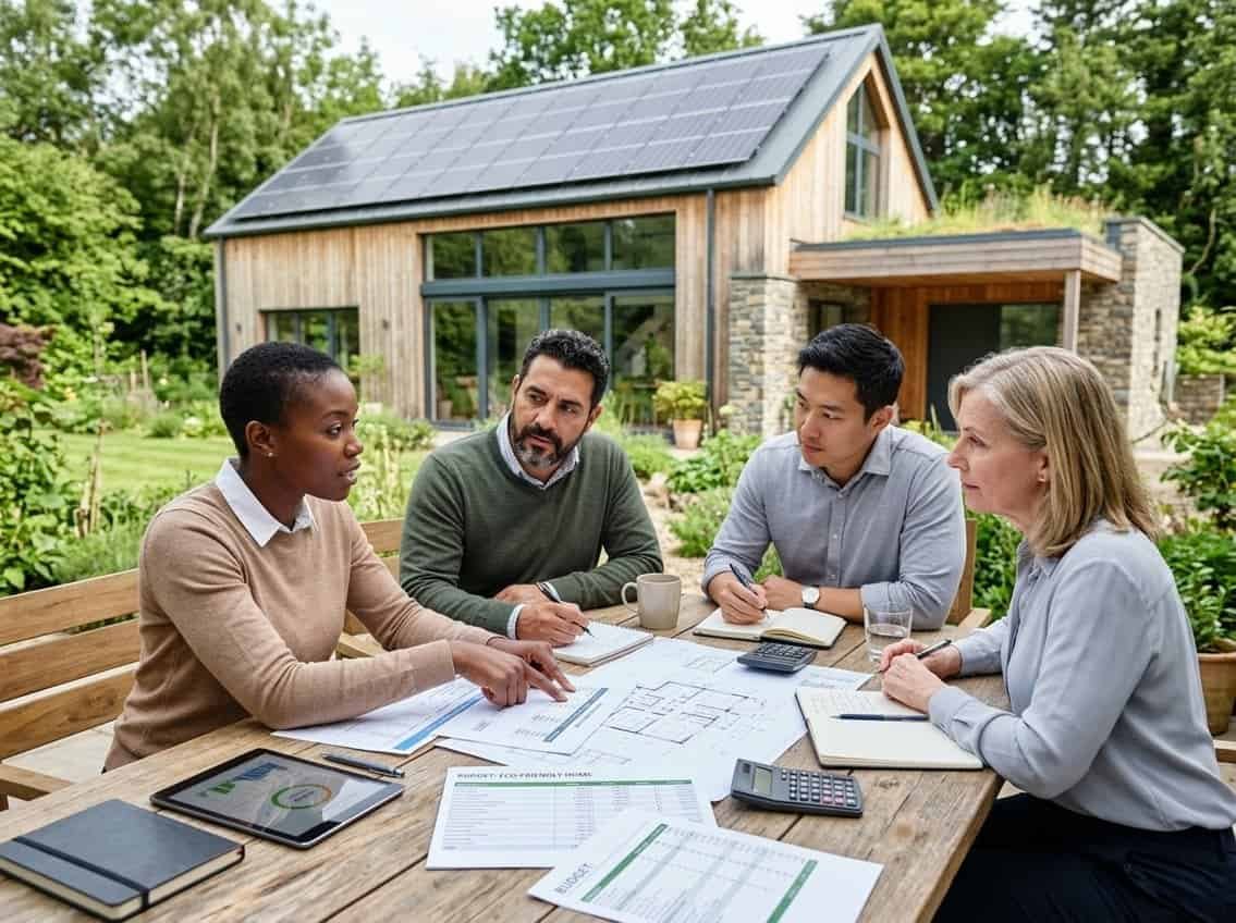 Budget : Combien Coûte Vraiment une Maison Bio et Sobre ? 4 Un groupe de personnes examine des documents financiers devant une maison écologique moderne entourée de verdure.