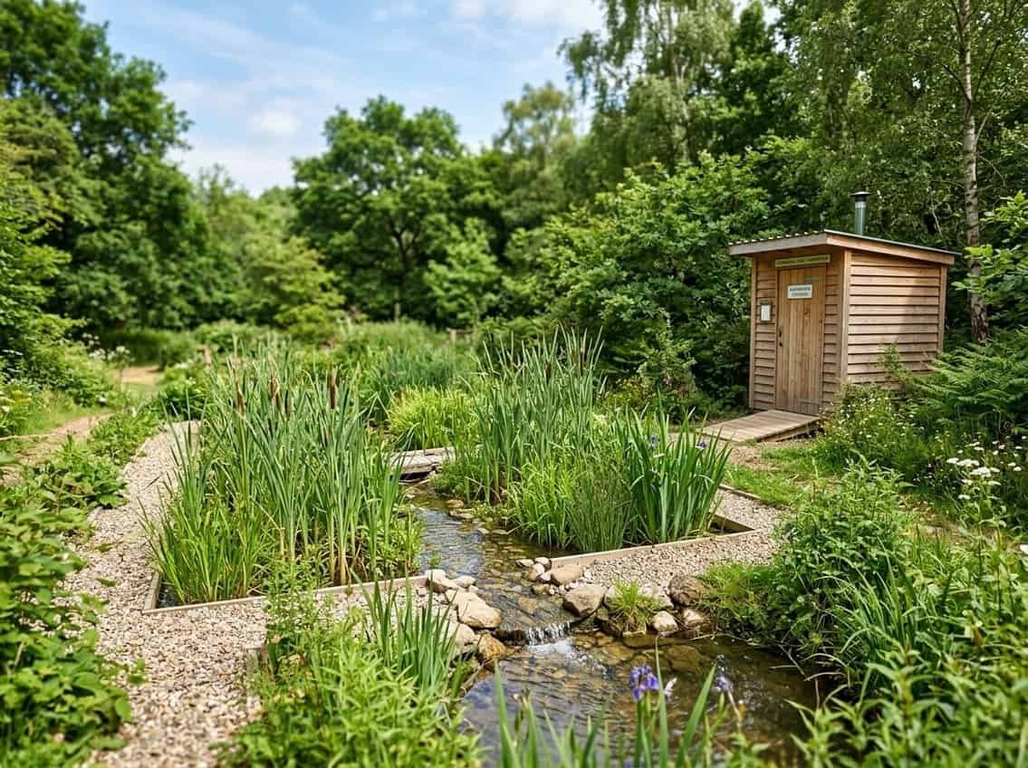 Assainissement Écologique : Guide Pratique et Solutions 2 Un système de phytoépuration avec des plantes aquatiques et une toilette sèche écologique dans un environnement naturel verdoyant.