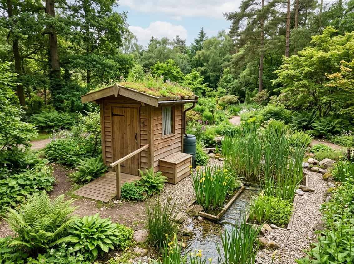 Assainissement Écologique : Guide Pratique et Solutions 3 Installation de toilettes sèches en bois dans un environnement naturel avec des plantes et un système de phytoépuration à proximité.