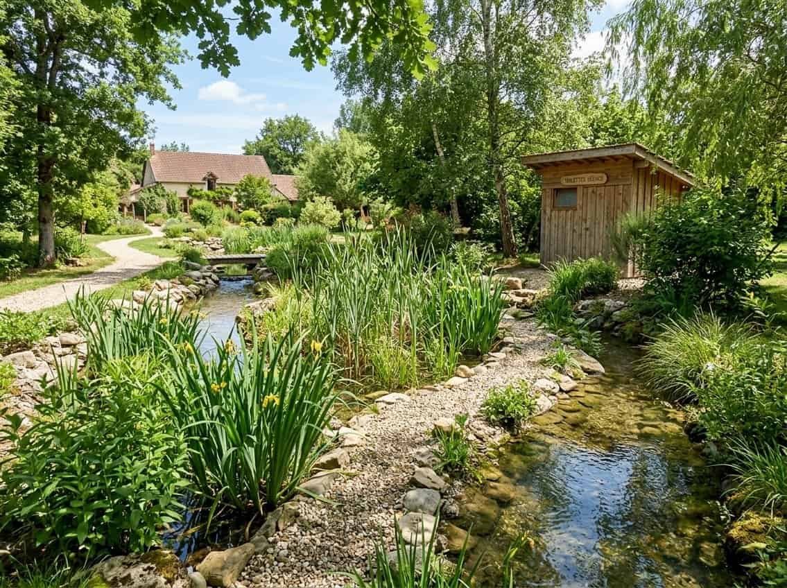 Assainissement Écologique : Guide Pratique et Solutions 4 Un système naturel de traitement des eaux avec des plantes aquatiques dans un environnement vert et paisible.