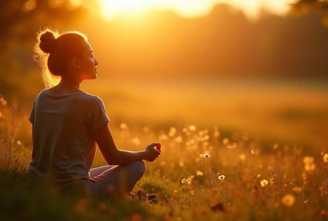 Personne assise sereinement dans la nature, lumiere doree - psychologie positive douleur