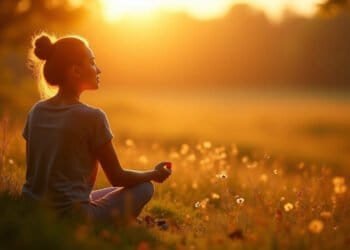Personne assise sereinement dans la nature, lumiere doree - psychologie positive douleur