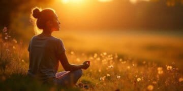 Personne assise sereinement dans la nature, lumiere doree - psychologie positive douleur